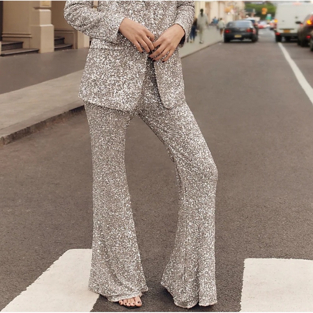 Express Silver Sequin Flare Pants Size Small